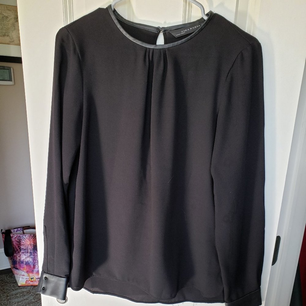 Zara long sleeved faux leather trim shirt - Medium